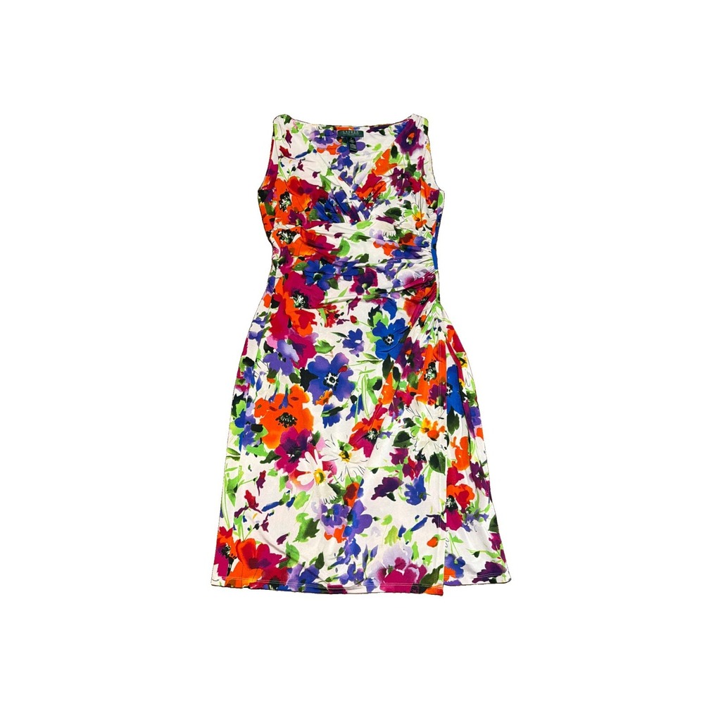 Lauren Ralph Lauren Women Sz 8 Sleeveless Floral Faux Wrap Stretch Sheath Dress